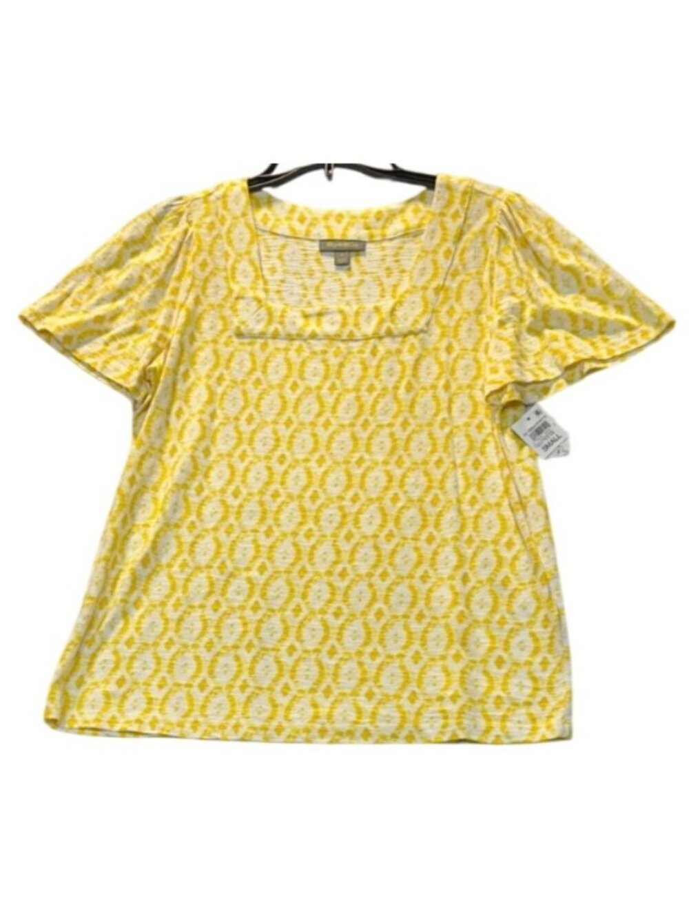 Style & Co Small Fiesta Yellow & White geometric Square Neck Short Sleeve Top